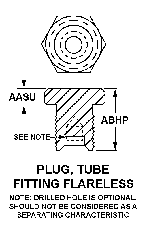 PLUG, TUBE FITTING FLARELESS (NOTE: DRILLED HOLE IS OPTIONAL, SHOULD NOT BE CONSIDERED AS A SEPARATING CHARACTERISTIC) style nsn 4730-01-623-9381