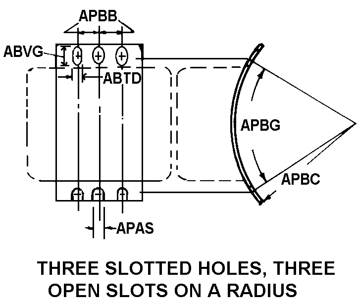 THREE SLOTTED HOLES, THREE OPEN SLOTS ON A RADIUS style nsn 2920-00-033-5555