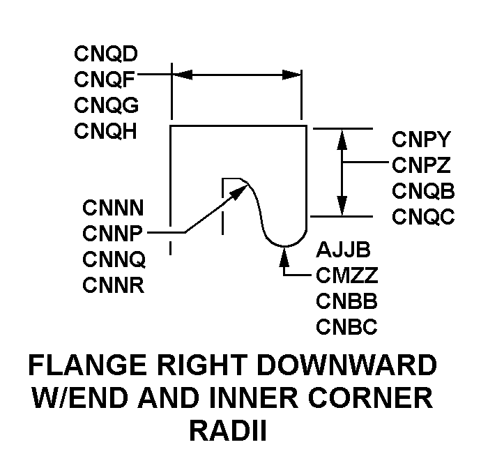 FLANGE RIGHT DOWNWARD W/ END AND INNER CORNER RADII style nsn 9540-01-356-2574