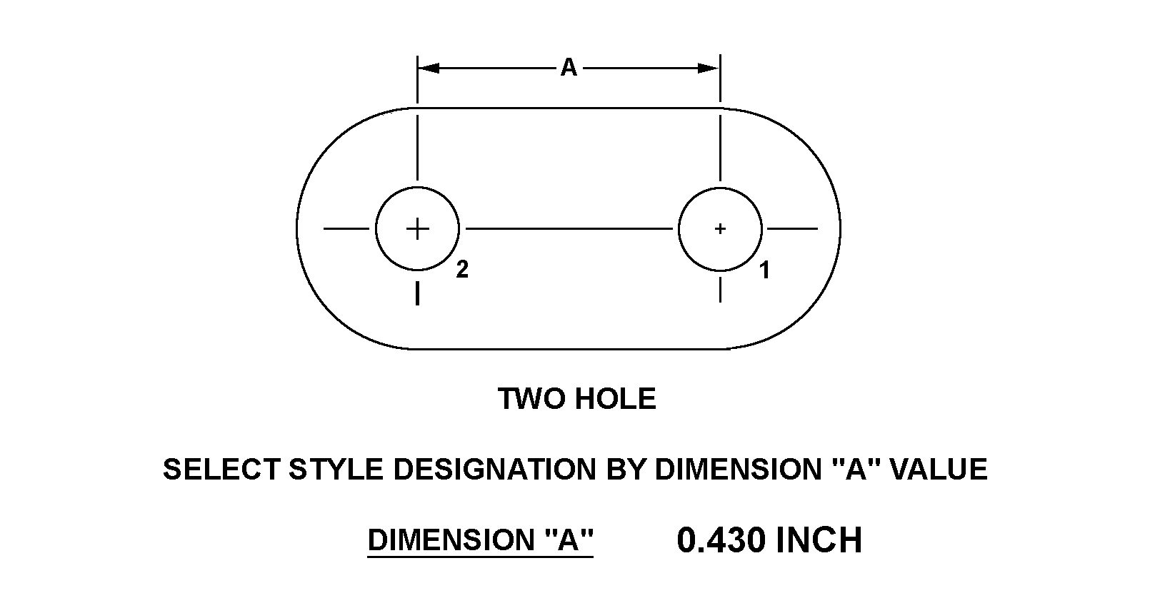 TWO HOLE SELECT STYLE DESIGNATION BY DIMENSION 